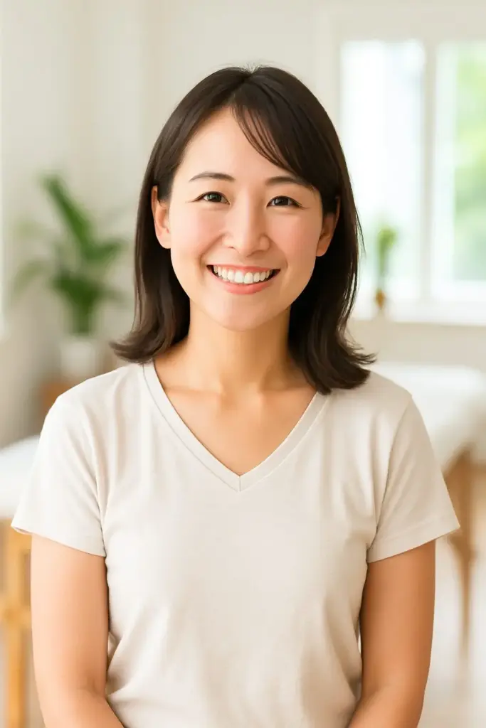 30代の女性がやさしく微笑んでいる。テレワークによる疲れと冷えに悩んでいたお客様の写真。