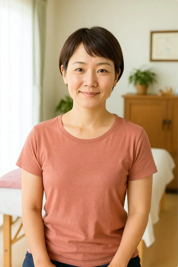 30代の女性がやさしく微笑む。安泰漢方鍼灸院で施術を受けた主婦ママの写真