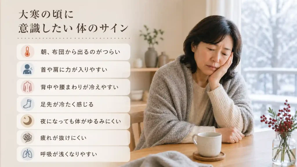 大寒の頃に冷えやこわばり、疲れやすさを感じやすい冬の室内の女性