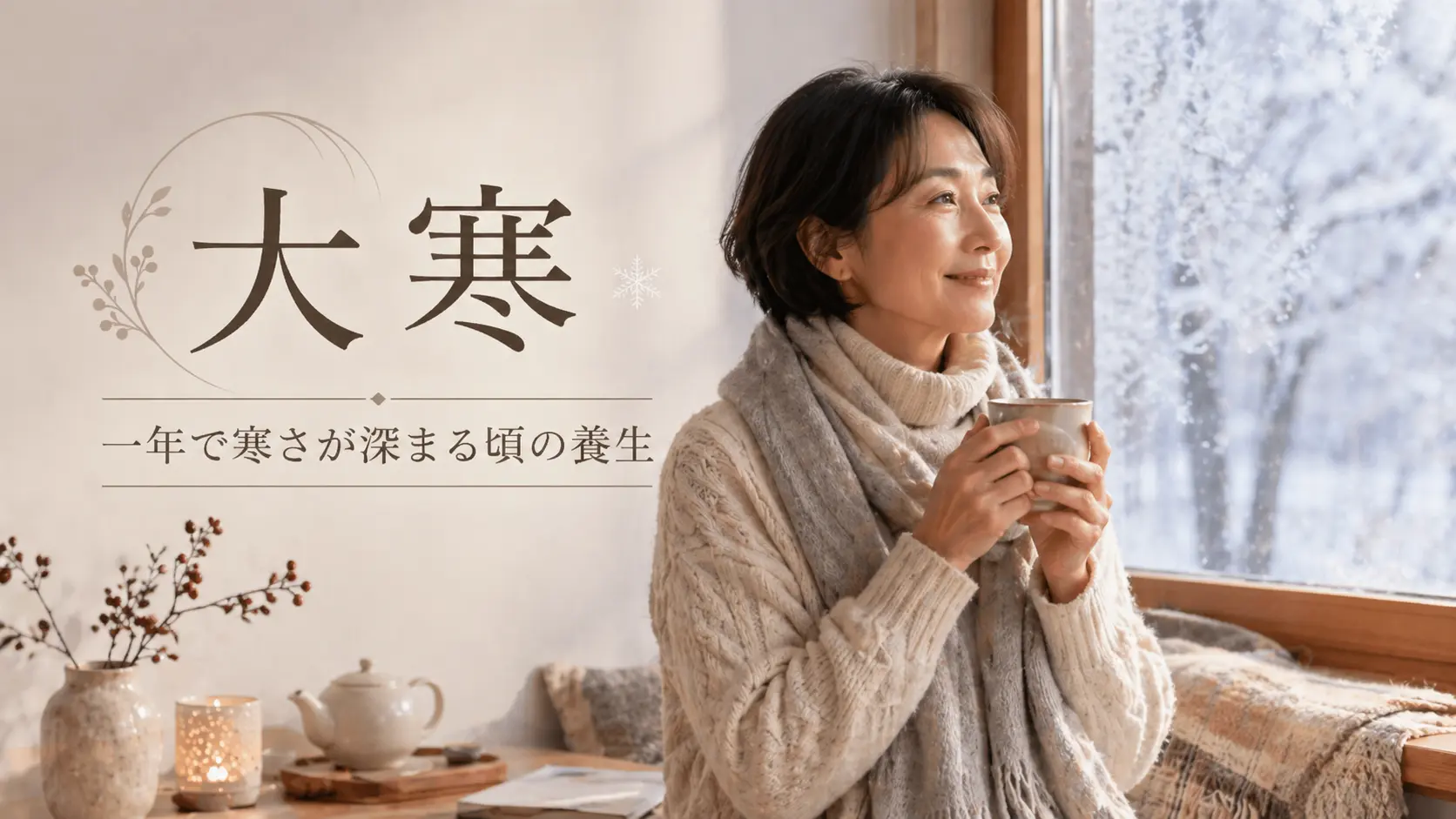 大寒の季節、冬の室内で温かいお茶を持ち静かに過ごす女性のアイキャッチ画像