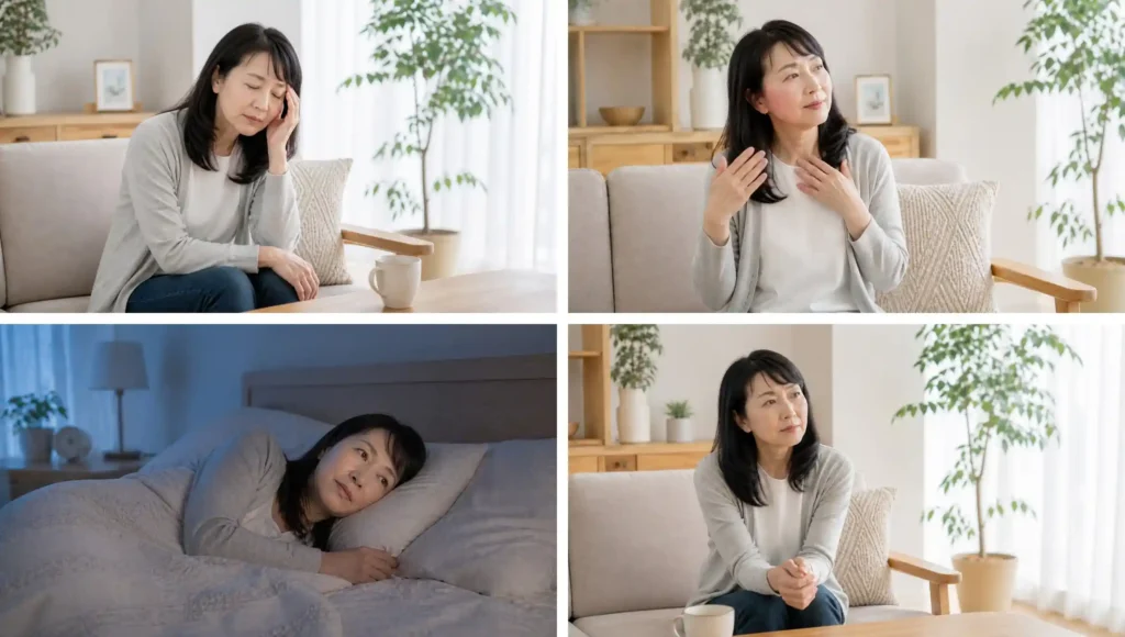 更年期に起こりやすい疲れやすさ、急なほてり、眠りの浅さ、気分の落ち着かなさを同じ女性モデルで表した4枚組の画像