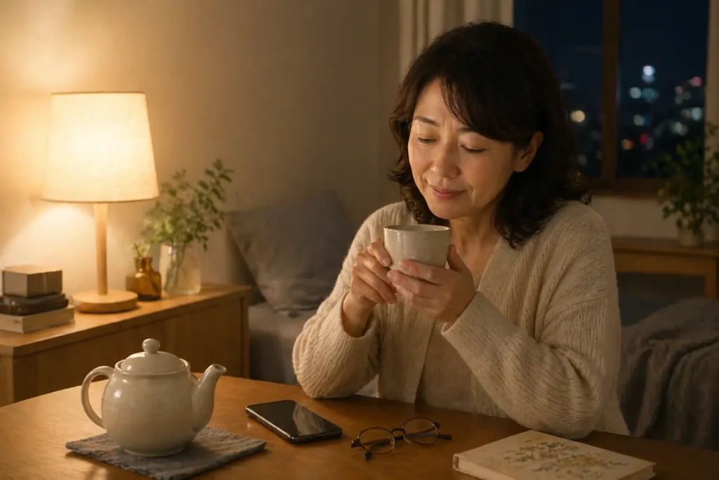小寒の夜に温かいお茶を飲みながら静かに休む女性