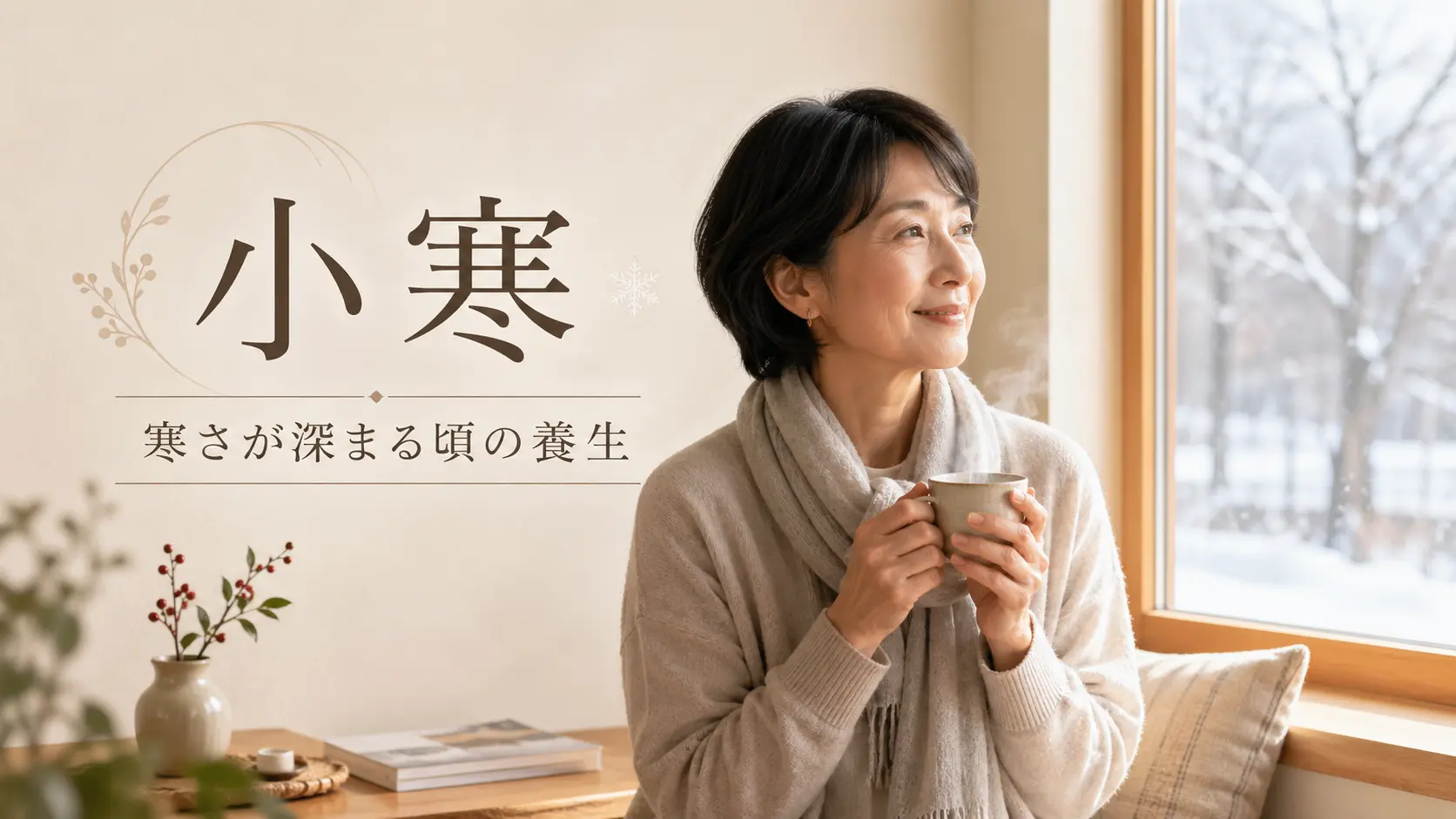 小寒の季節、冬の窓辺で温かいお茶を持つ女性と「寒さが深まる頃の養生」の文字