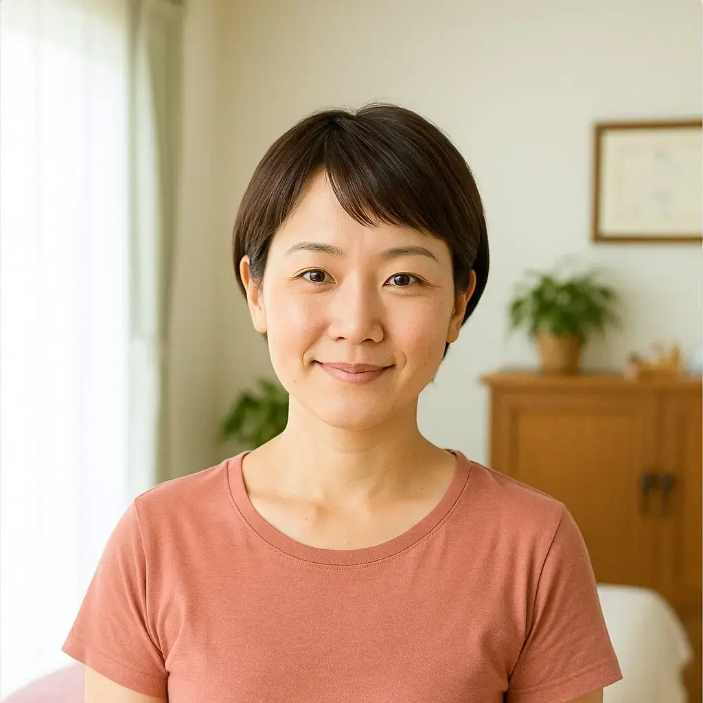 30代の女性がやさしく微笑む。安泰漢方鍼灸院で施術を受けた主婦ママの写真