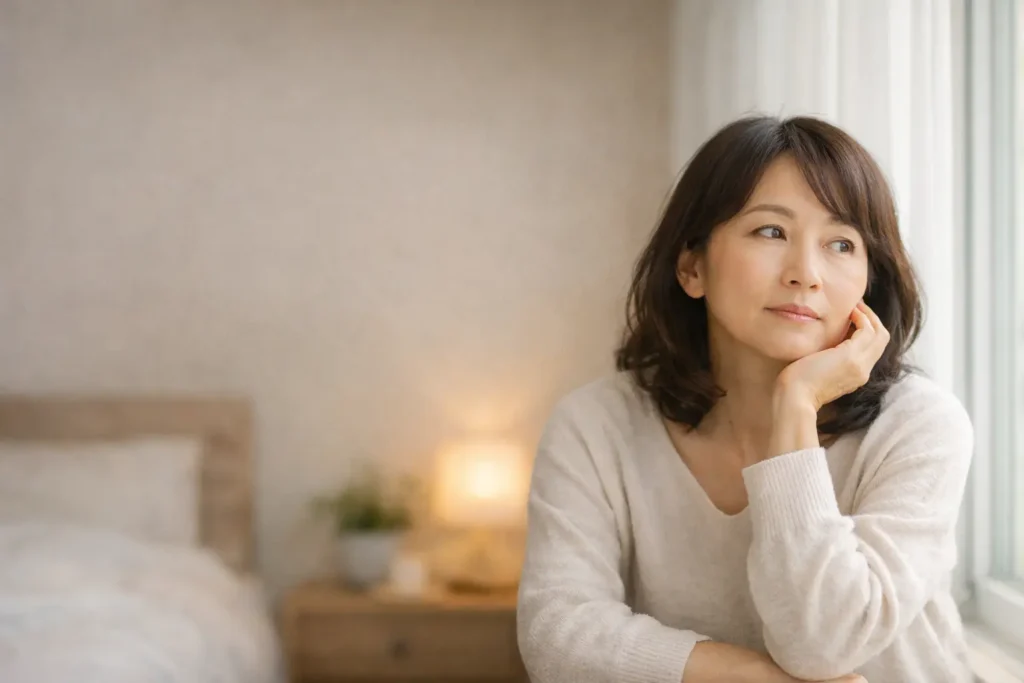 眠れない夜に窓辺で静かに考え込む40〜50代女性