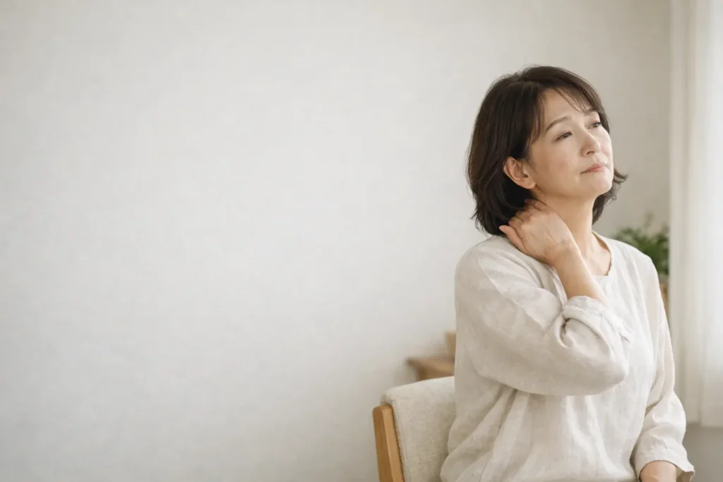 肩こりによる首肩の重さを感じている女性