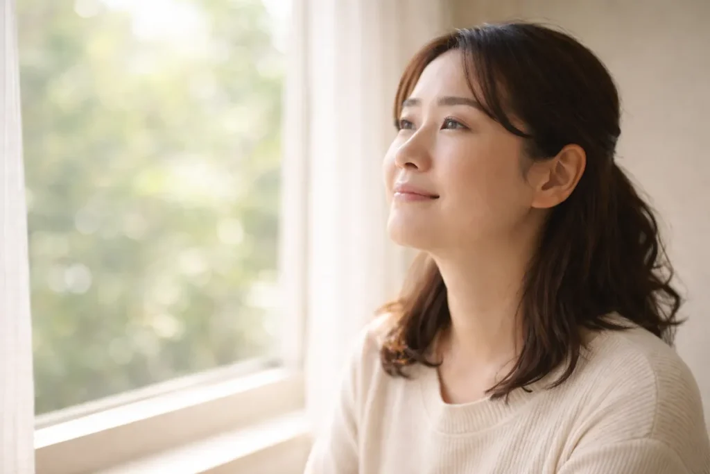 窓辺で外を見つめる40代女性の横顔