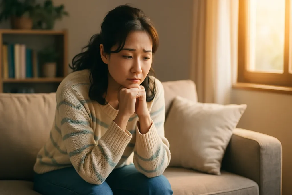 自宅のソファに座り、不安そうな表情で考え込む40代女性