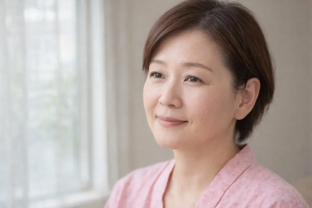 美容鍼を検討する40代女性が明るい室内で穏やかに過ごす様子