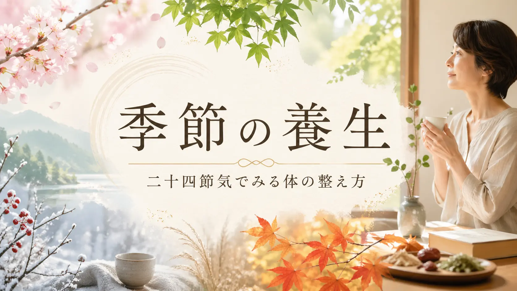 春夏秋冬の植物とお茶を持つ女性を背景にした「季節の養生｜二十四節気でみる体の整え方」のアイキャッチ画像