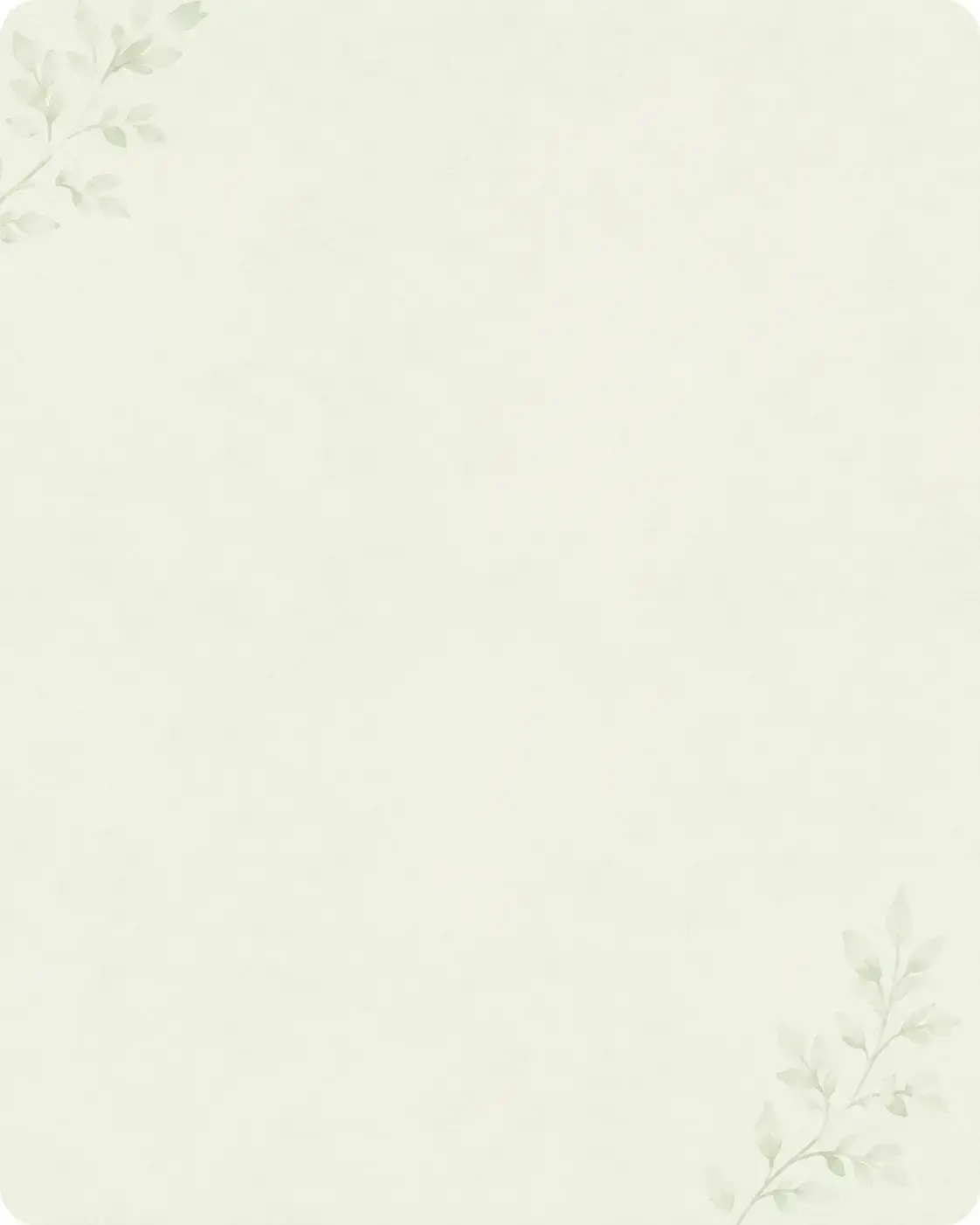 淡い緑の背景に、左上と右下へ植物の葉をあしらった装飾画像
