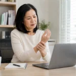 明るい部屋でパソコン作業中に手首を押さえる40〜60代のアジア人女性