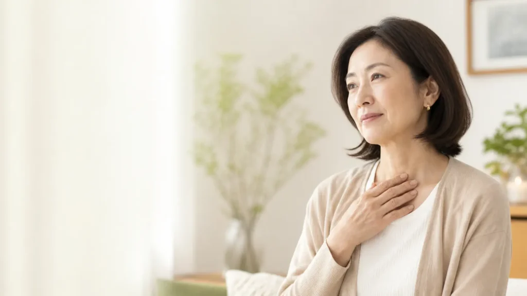 自律神経の乱れによる動悸や不安感に悩む40〜60代女性が、明るい室内で胸元に手を添えている様子