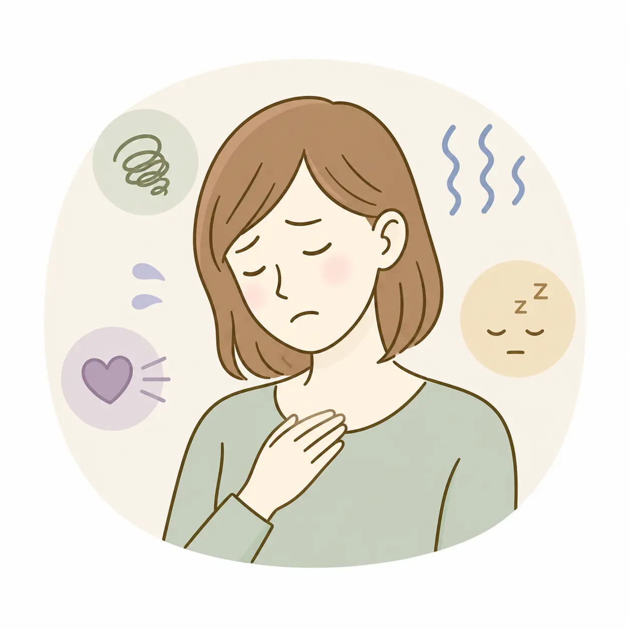 自律神経の乱れによる不安感や疲れに悩む女性が、胸元に手を添えているやさしい線画アイコン