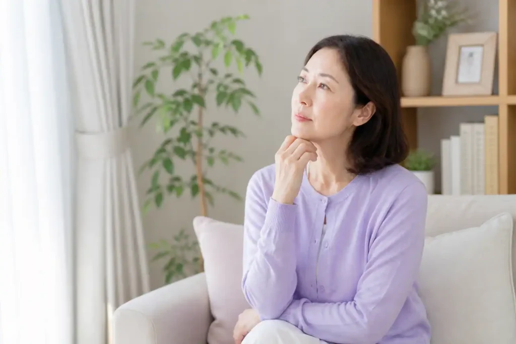 明るいリビングのソファに座り、窓からのやわらかな光の中で静かに考えごとをしている40〜60代女性