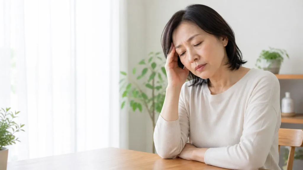 慢性疲労によるだるさや重さを感じる40〜60代女性が、明るい室内で静かに座っている様子