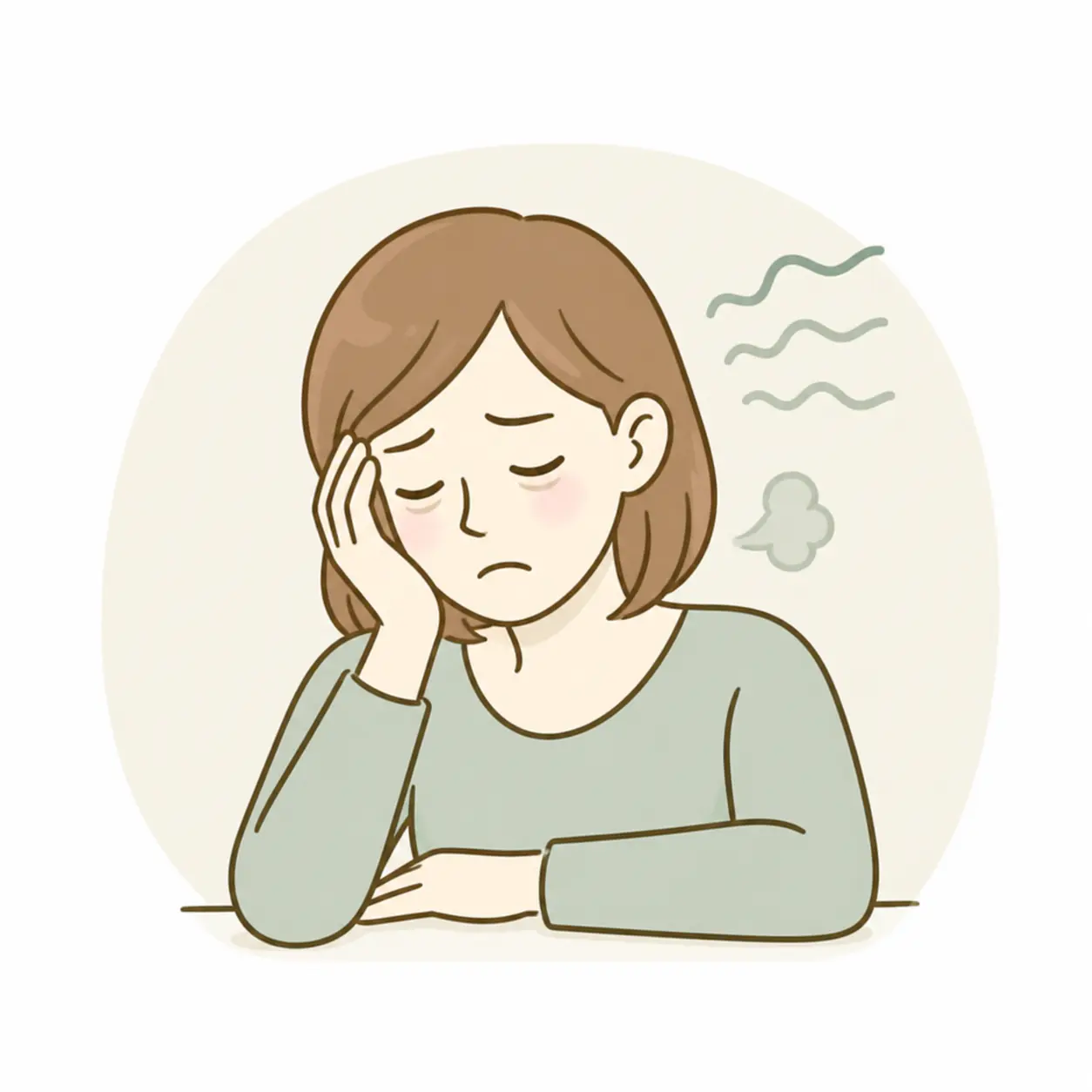 慢性疲労や体のだるさに悩む女性が、静かに座っているやさしい線画アイコン