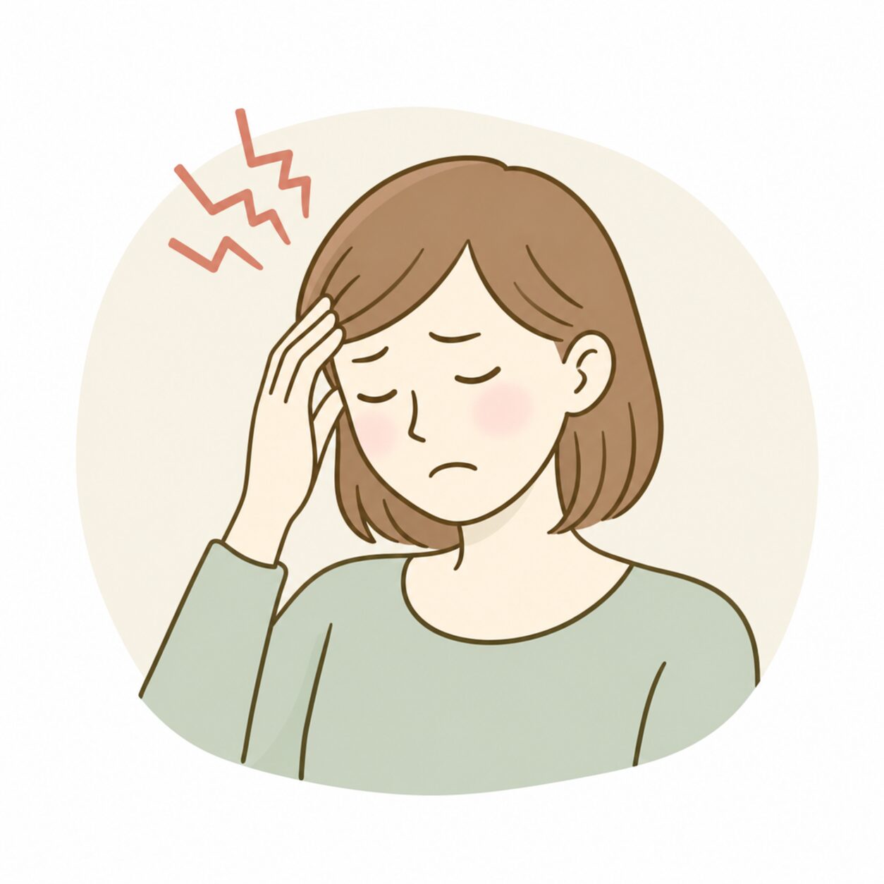 頭痛や頭の重さに悩む女性が、こめかみに手を添えているやさしい線画アイコン