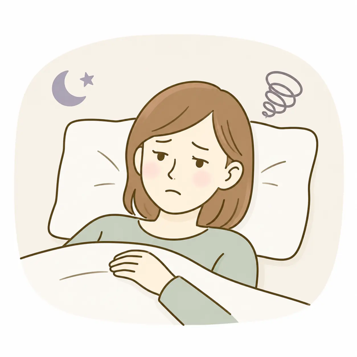 不眠や眠りの浅さに悩む女性が、ベッドで横になっているやさしい線画アイコン