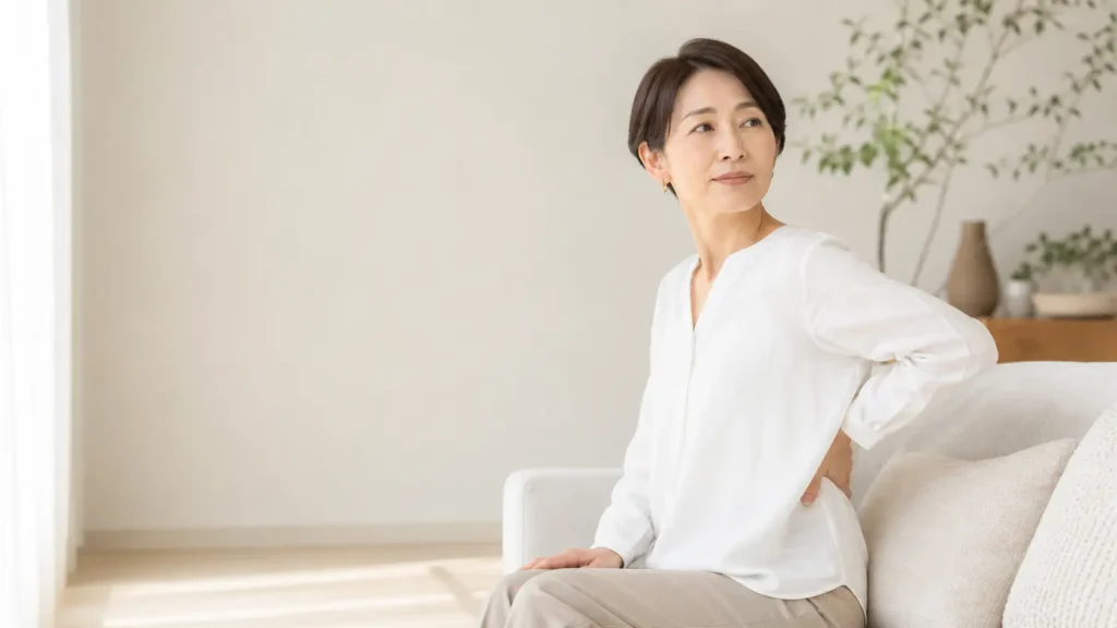 腰痛や腰の重さに悩む40〜60代女性が、明るい室内で腰まわりに手を添えている様子