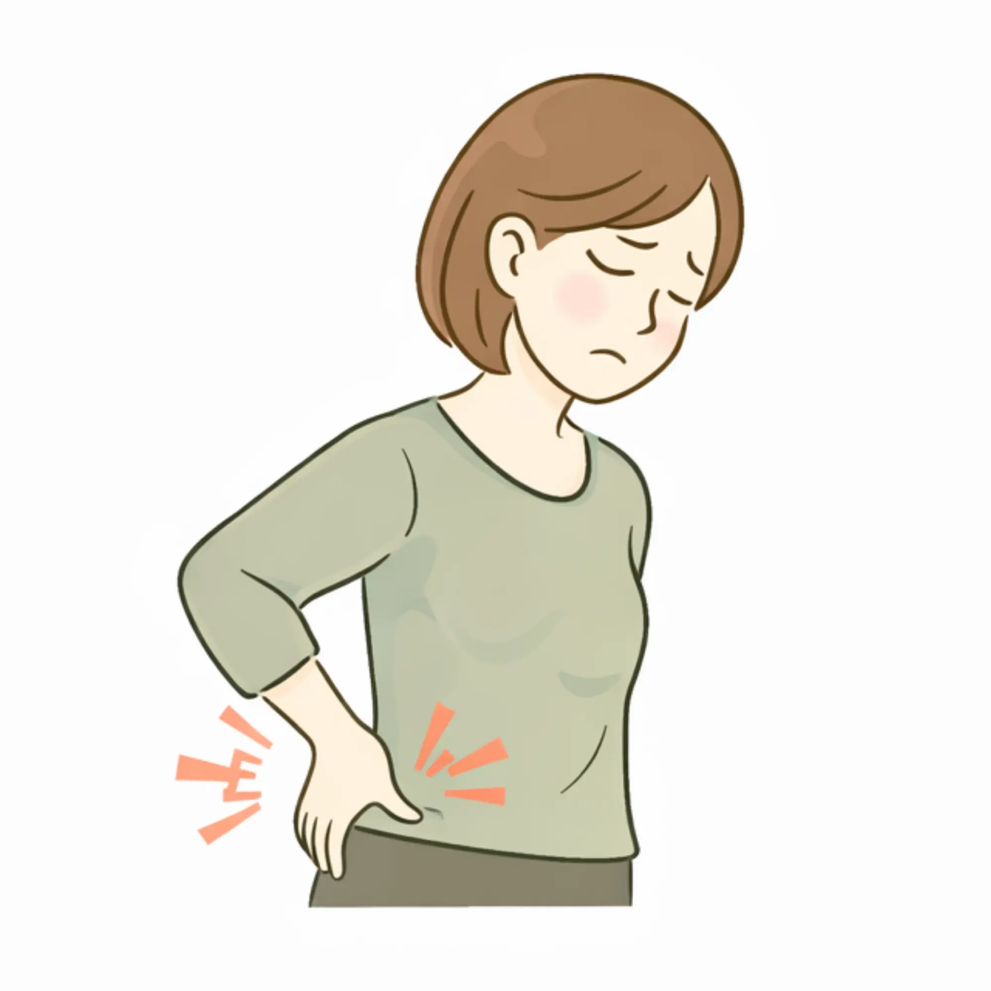 腰痛や腰の重さに悩む女性が、腰まわりに手を添えているやさしい線画アイコン