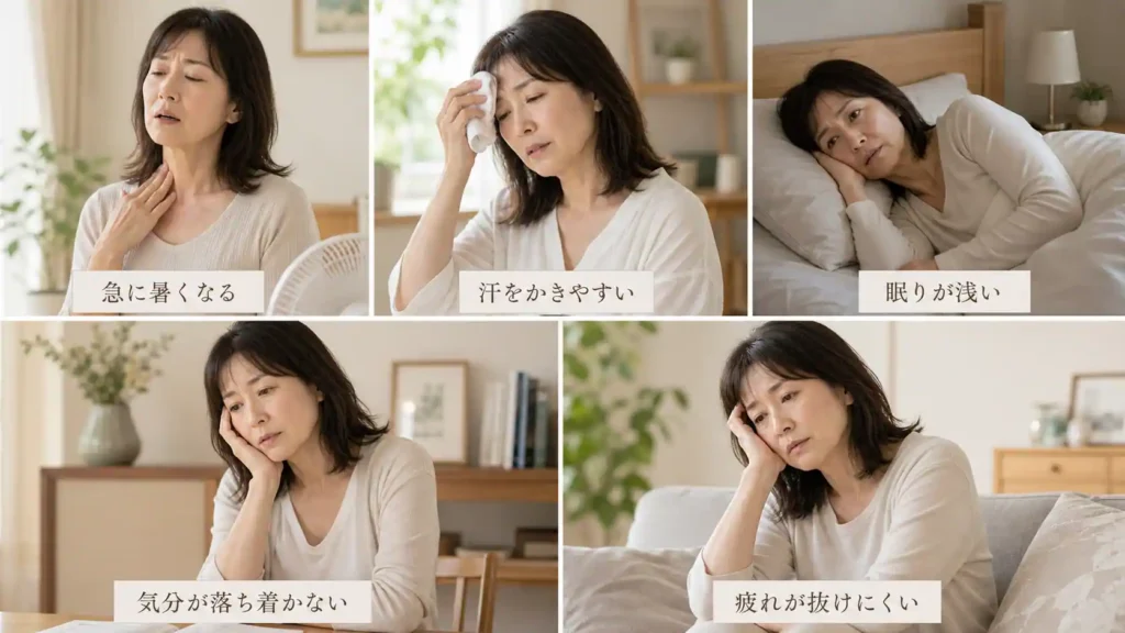 更年期に起こりやすい急なほてり、汗のかきやすさ、眠りの浅さ、気分の落ち着かなさ、疲れが抜けにくい状態を同じ女性モデルで表した5枚組の画像