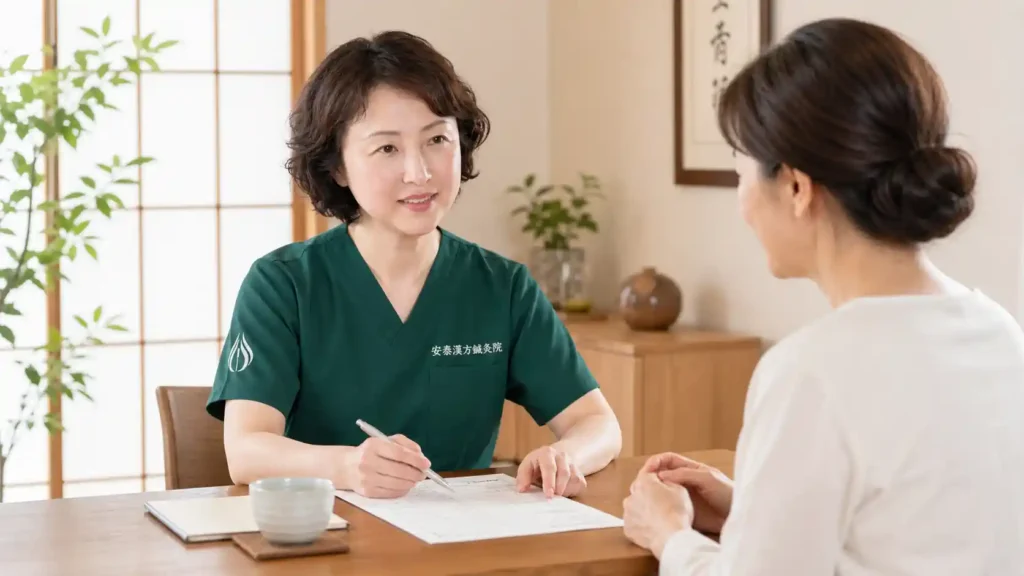 安泰漢方鍼灸院の施術者が、更年期の不調について女性患者さんと問診票を見ながら体の状態を確認している相談風景
