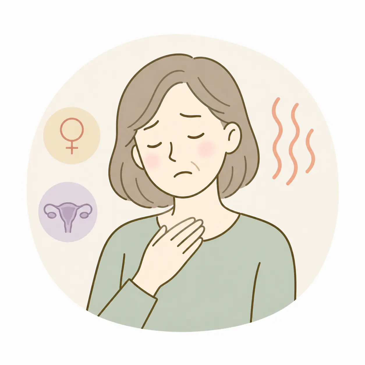 更年期のゆらぎによるほてりや疲れに悩む女性が、首元に手を添えているやさしい線画アイコン