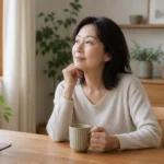 自然光の入る室内で、40〜60代女性が更年期の体のゆらぎと東洋医学の視点について静かに考えている様子