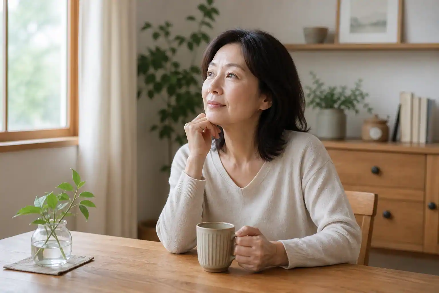 自然光の入る室内で、40〜60代女性が更年期の体のゆらぎと東洋医学の視点について静かに考えている様子