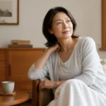 自然光の入る室内で、40〜60代女性が更年期に起こりやすい体の変化について静かに考えている様子