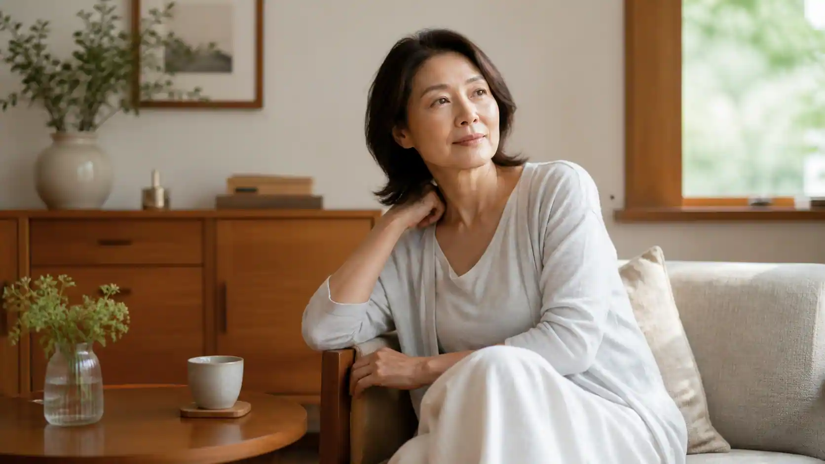 自然光の入る室内で、40〜60代女性が更年期に起こりやすい体の変化について静かに考えている様子
