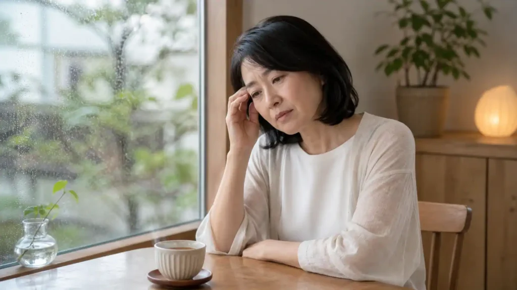 雨の日の窓辺で、40〜60代女性が更年期のむくみや重だるさ、めまい感など水の巡りの乱れを感じながら静かに座っている様子
