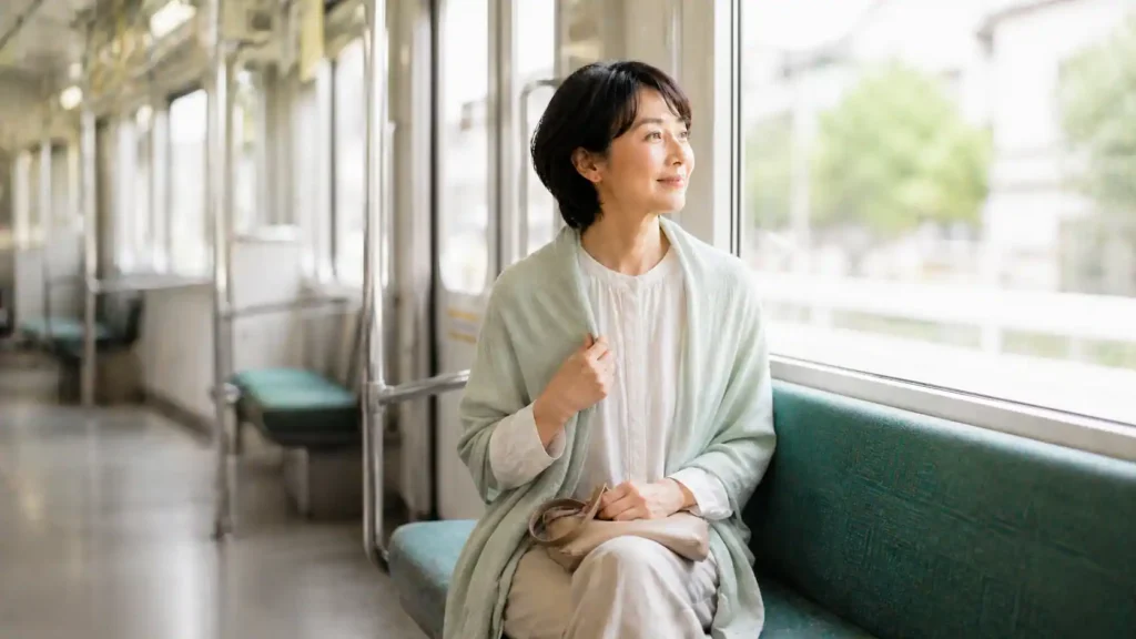 立夏の頃、電車内で薄手の羽織りものを肩にかけた女性が、窓の外を見ながら静かに座っている様子。