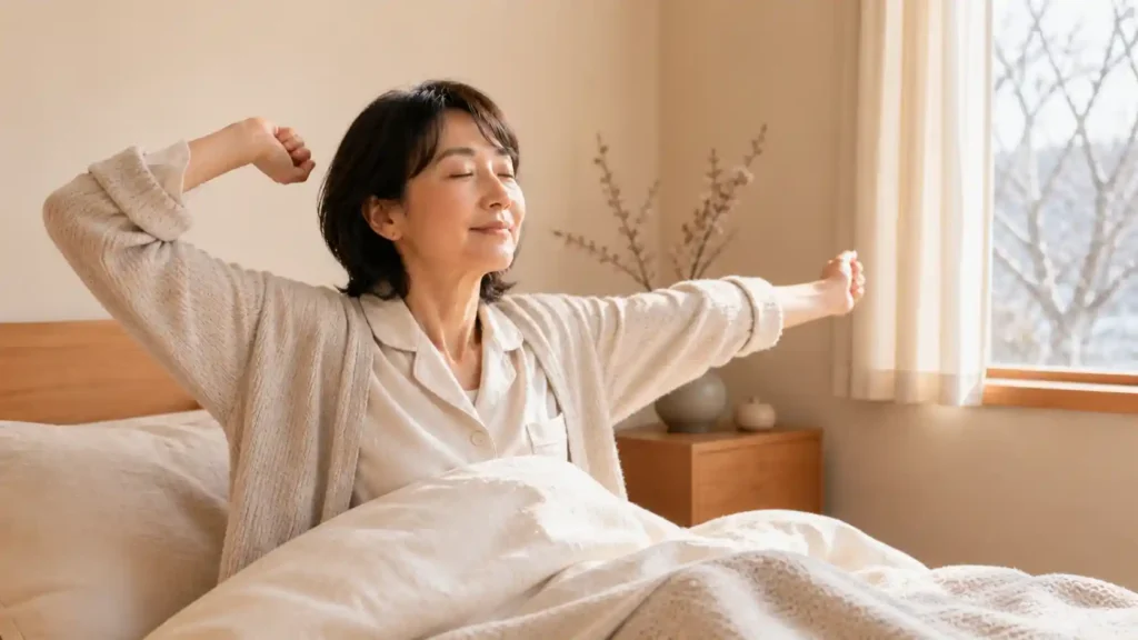 立春の朝、布団の中でゆっくり腕を伸ばしながら深呼吸する女性。冷え込みやすい朝に、体を少しずつ目覚めさせる様子。