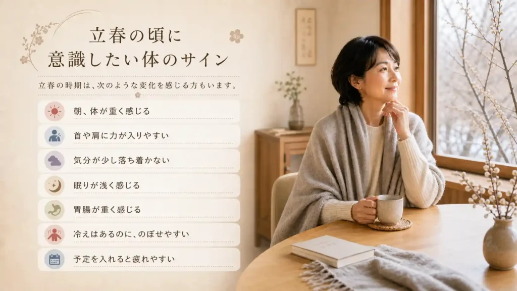 立春の頃に意識したい体のサインをまとめた画像。窓辺でお茶を持つ女性と、朝の重さや首肩のこわばり、眠りの浅さなどの項目が表示されている。