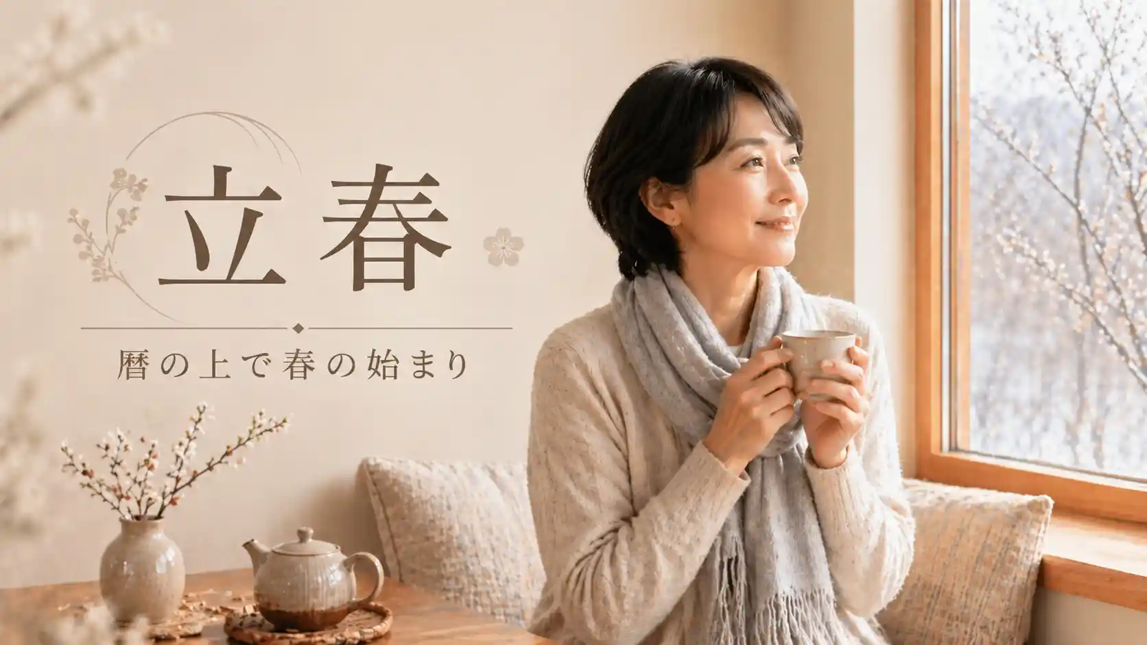 立春の文字と、窓辺で温かい飲み物を手に春の光を眺める女性。暦の上で春の始まりを表現した画像。