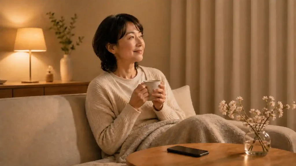 夜のリビングでカーテンを閉め、照明を落とした空間で温かい飲み物を手に静かに過ごす女性。テーブルにはスマートフォンが置かれてい