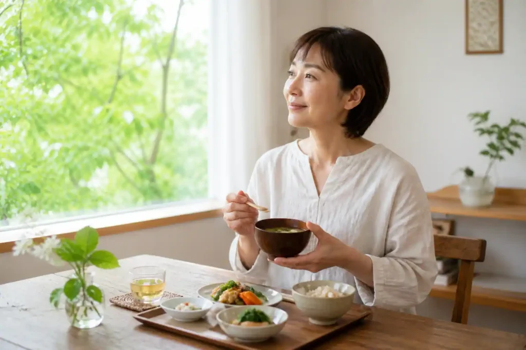 初夏の明るい窓辺で、女性が温かい汁物と野菜の食事を前に穏やかに過ごしている。小満の頃の胃腸をいたわる養生を表現した写真。
