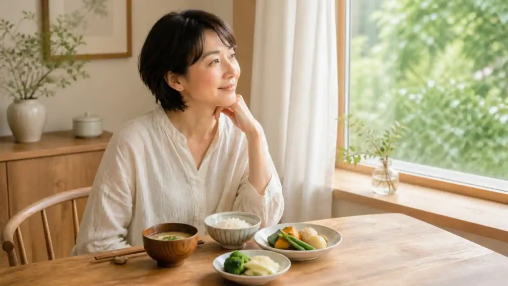初夏の窓辺で、女性が温かい汁物や野菜の食事を前に穏やかに過ごしている。小満の頃の胃腸を整える養生を表現した写真。