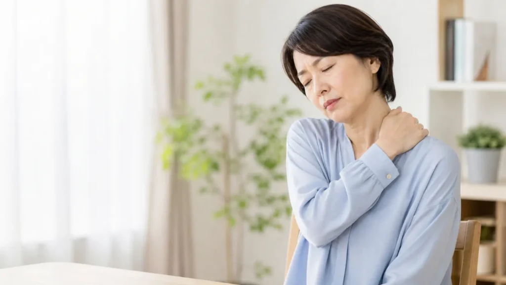肩こりや首肩の重さに悩む40〜60代女性が、明るい室内で首肩まわりに手を添えている様子