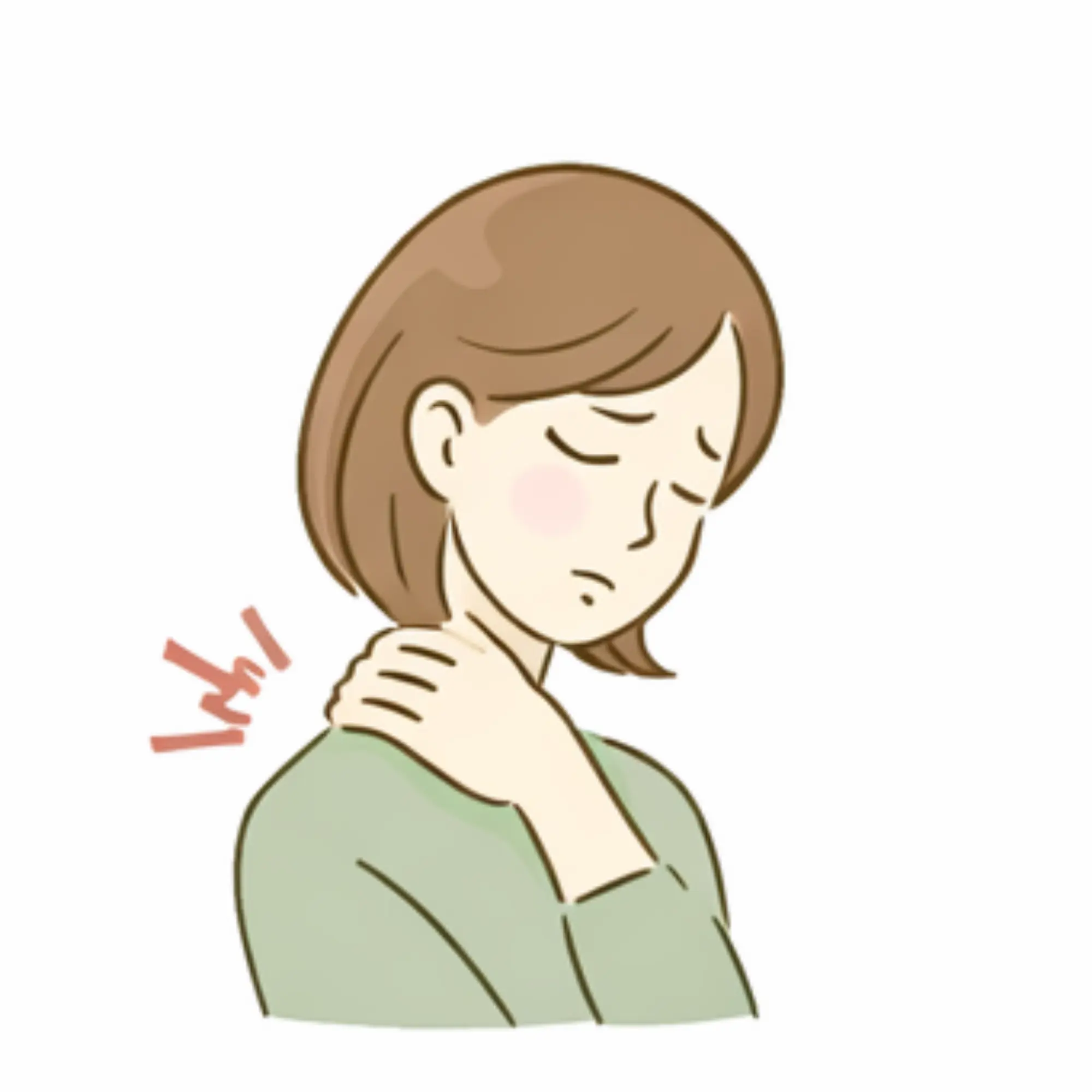 肩こりや首肩の重さに悩む女性が、肩に手を添えているやさしい線画アイコン