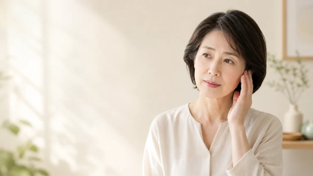 耳鳴りや耳まわりの違和感に悩む40〜60代女性が、明るい室内で耳の近くに手を添えている様子