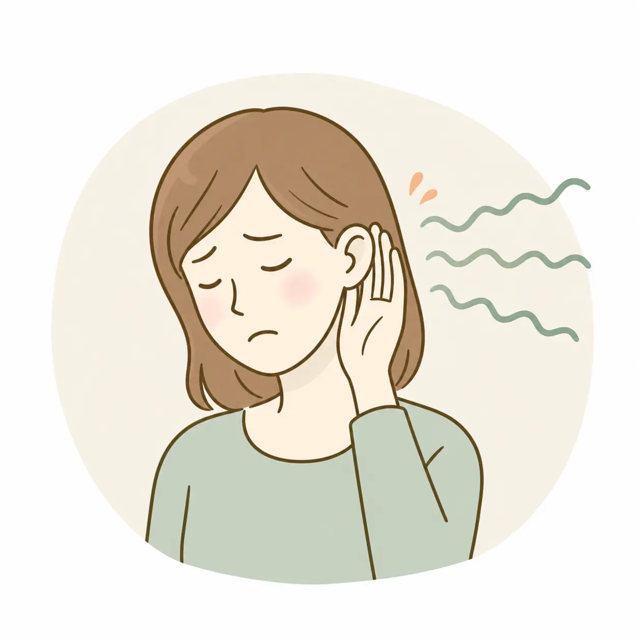 耳鳴りや耳の違和感に悩む女性が、耳元に手を添えているやさしい線画アイコン
