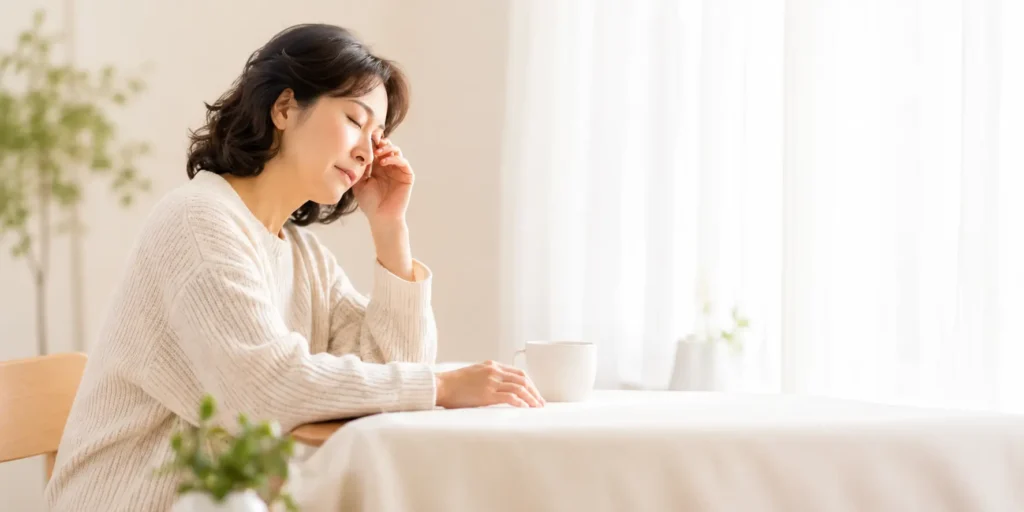 明るい室内で目元に手を添え、疲れを感じているような40〜60代女性
