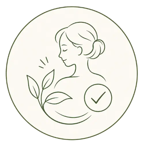施術後の反応についてを表す、やさしい表情の女性と葉の線画アイコン