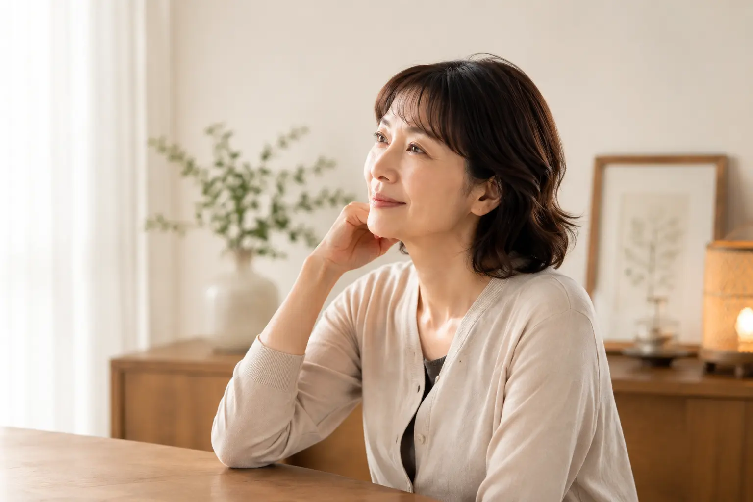 落ち着いた室内で体調について考える女性の様子