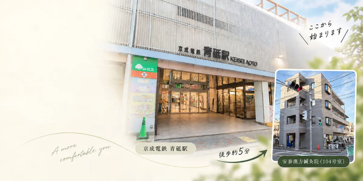 青砥駅と安泰漢方鍼灸院が入る建物を示したアクセス案内