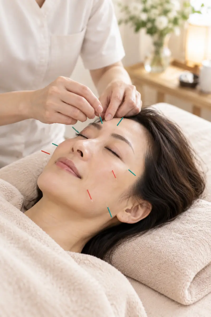 顔まわりに細い鍼を用いて美容鍼を行っている様子