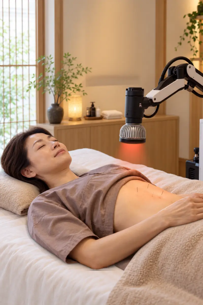 腹部に鍼をしたまま温熱機器でやさしく温めている軸整プレミアムの施術イメージ